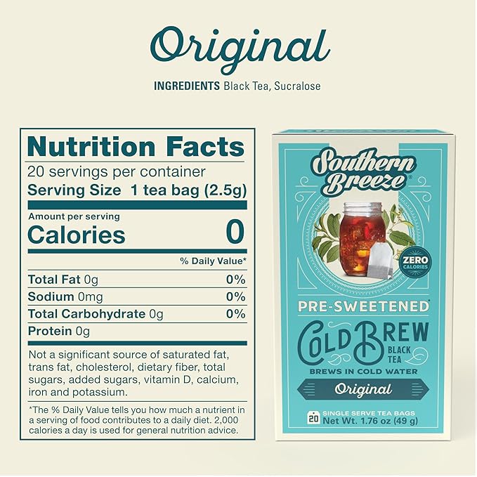Southern Breeze Cold Brew Sweet Tea Original Iced Tea with Black Tea and Zero Carbs Zero Sugar
