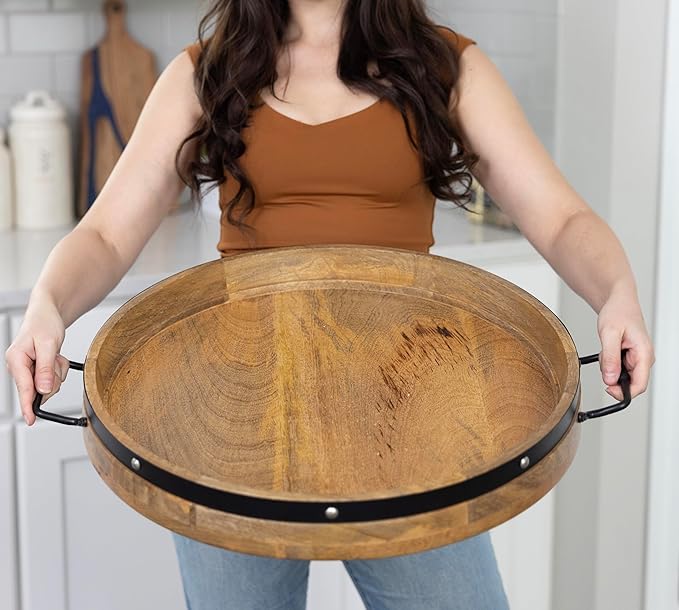 20" Extra Large Round Ottoman Tray, Heavy Duty Mango Wood, for Serving Tea, Breakfast in Bed