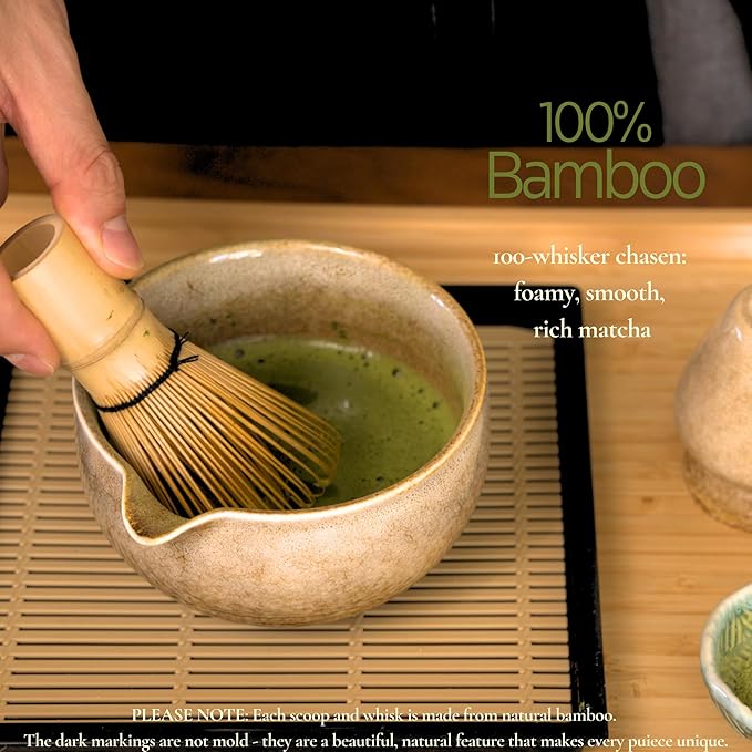Matcha Set, Handcrafted Bamboo Chasen & Ceramic Bowl, 5 Pcs Matcha Set Whisk and Bowl with Stainless Steel Sifter