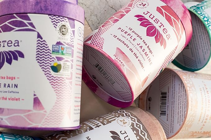JusTea Purple Rain | Pyramid Compostable Tea Bags | Purple Tea | 12+ Cups | Very Low Caffeine | Award-Winning | Fair Trade | Non-GMO
