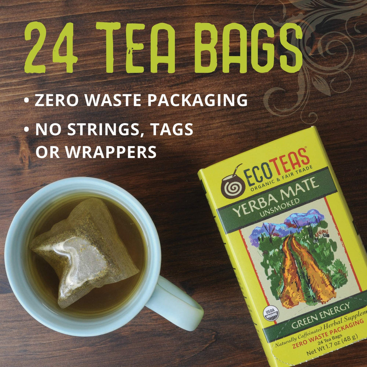 ECOTEAS Organic Yerba Mate Tea Bags Unsmoked 20mg Caffeine 24 Count 2 Pack