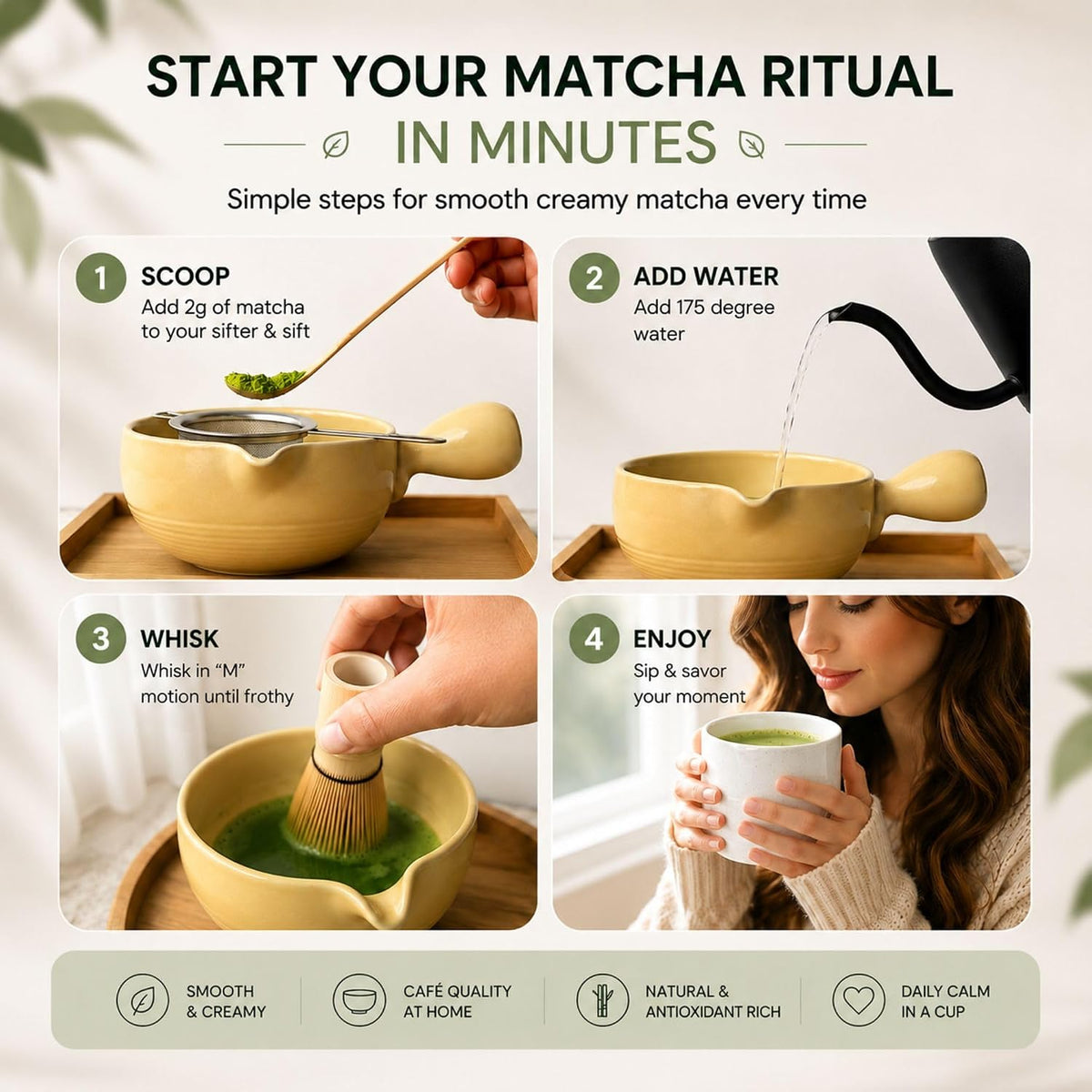 HAPPY PATH &amp; CO Patented Matcha Bowl Set with Handle &amp; Spout - Spill-Free Pouring | Complete Matcha Set for Beginners | Includes Bamboo Whisk, Scoop &amp; Stand (Sunny Duckling - Soft Yellow)