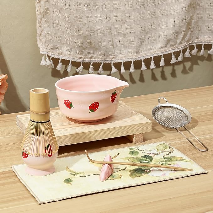 Koythin 7-Piece Ceramic Matcha Whisk Set, Adorable Strawberry Bowls Set with Whisk Holder Scoop Towel, Aesthetic Matcha Bowl Set for Ceremony (Pink)