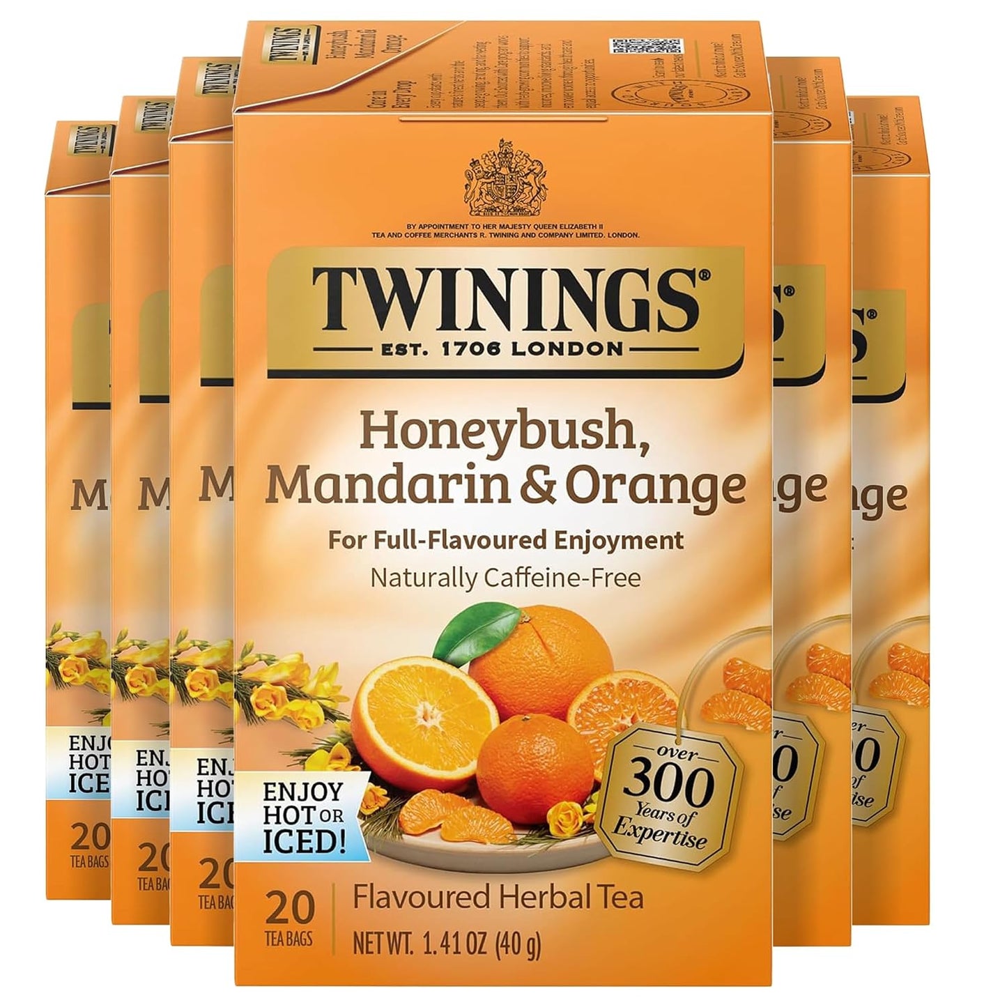 Twinings Honeybush, Mandarin &amp; Orange Herbal Tea Bags, 20 CT Box (6 Pack) | South African Honeybush Flavourful Citrus, Naturally Caffeine-Free, 120 Foil Lined Individually Wrapped Bags, Enjoy Hot/Iced