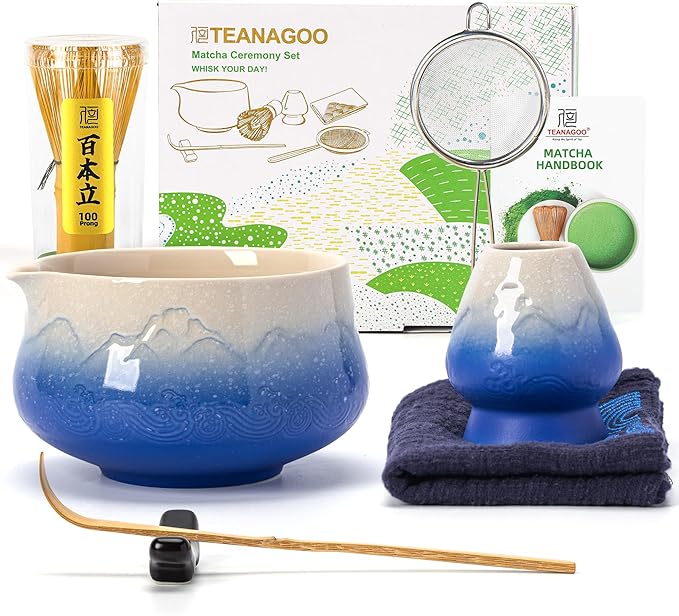 TEANAGOO 7 Pcs Matcha Whisk Set,Blue Matcha Set, Ceremony Matcha Powder Kit,Matcha Tea Set for Makin