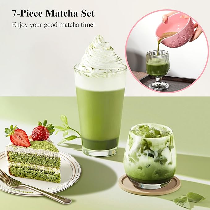 Matcha Whisk Set 7 PCS Matcha Bowl, Matcha Whisk and Holder, Bamboo Scoop and Scoop Rest, Stainless Sifter and Tea Towel Ceramic Matcha Set Japanese Matcha Kit for Matcha Lovers Pink