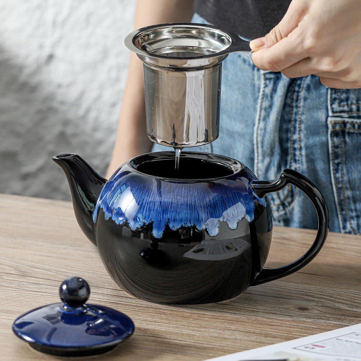 KOOV Tea Pot with Infuser for Loose Tea, 34OZ Ceramic Teapot with Infuser, Enough For 6 Cups, Tea Pots with Tea Strainers for