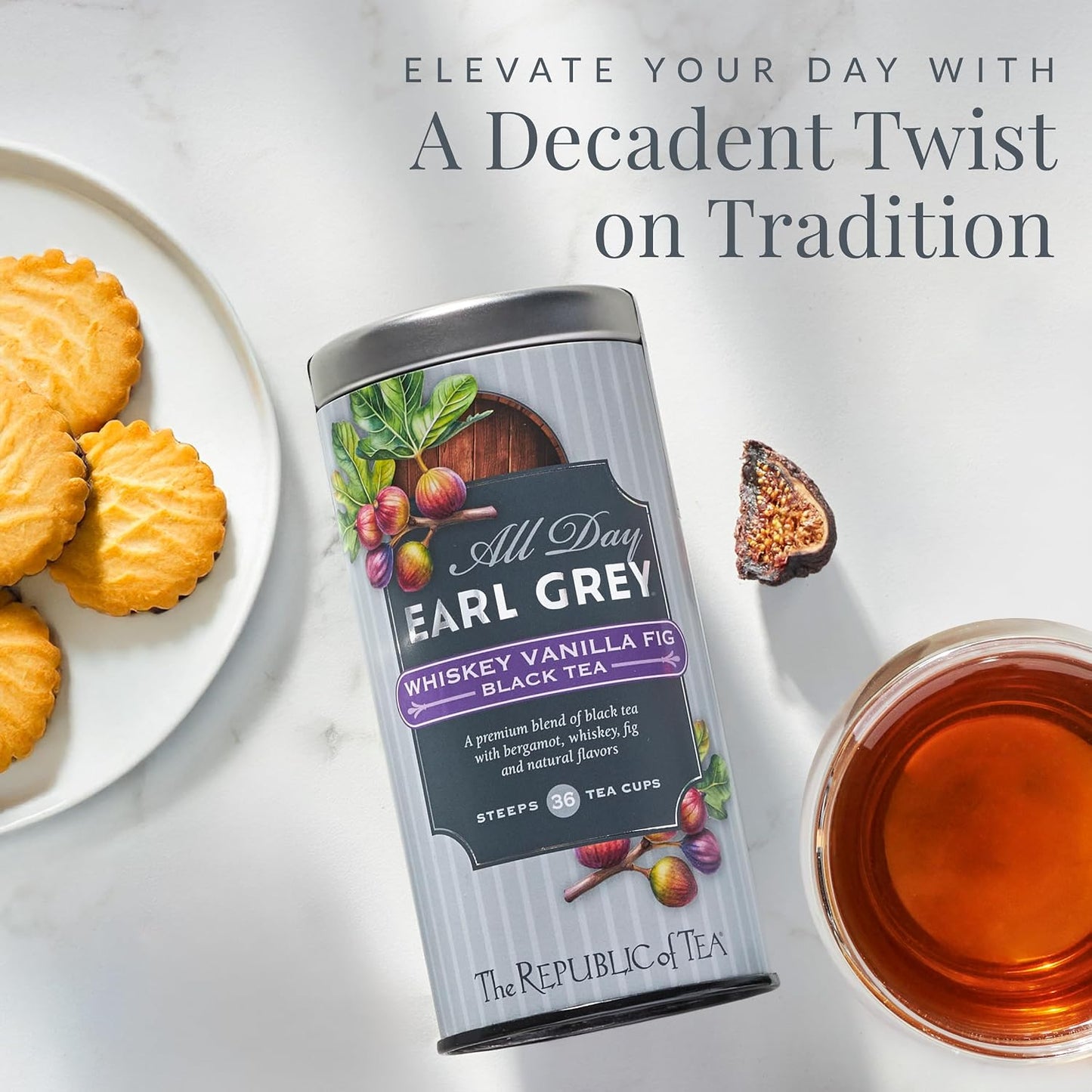 The Republic of Tea All Day Earl Grey Whiskey Vanilla Fig Black Tea, 36 Ct | Naturally Caffeinated. Made for morning or afternoon. Brisk and full-bodied with notes of lively citrus and bright bergamot.