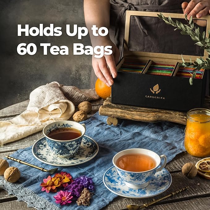 Tea Box Organizer - Premium Elegant Tea Bags Storage Container with 60 Tea Bag Holder Capacity
