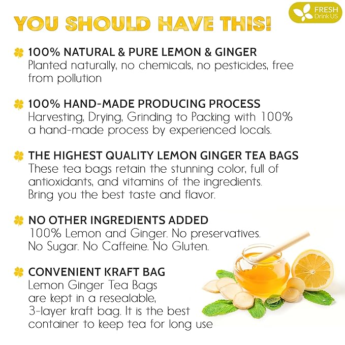 FreshDrinkUS, Premium 150 Lemon Ginger Tea Bags, 100% Natural Ingredients, Hand-made Blend of Lemon and Ginger, Eco-conscious Tea Bags. No Sugar, No Caffeine, Vegan.