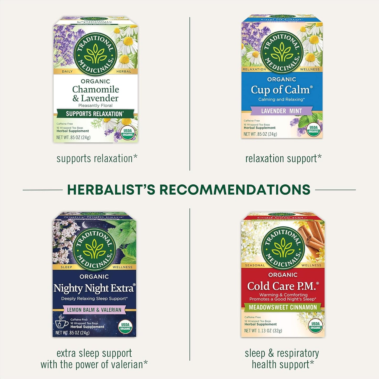 Traditional Medicinals Tea, Organic Nighty Night, Relax & Get a Good Night's Sleep, Includes Spearmint 96 Tea Bags (6 Pack)