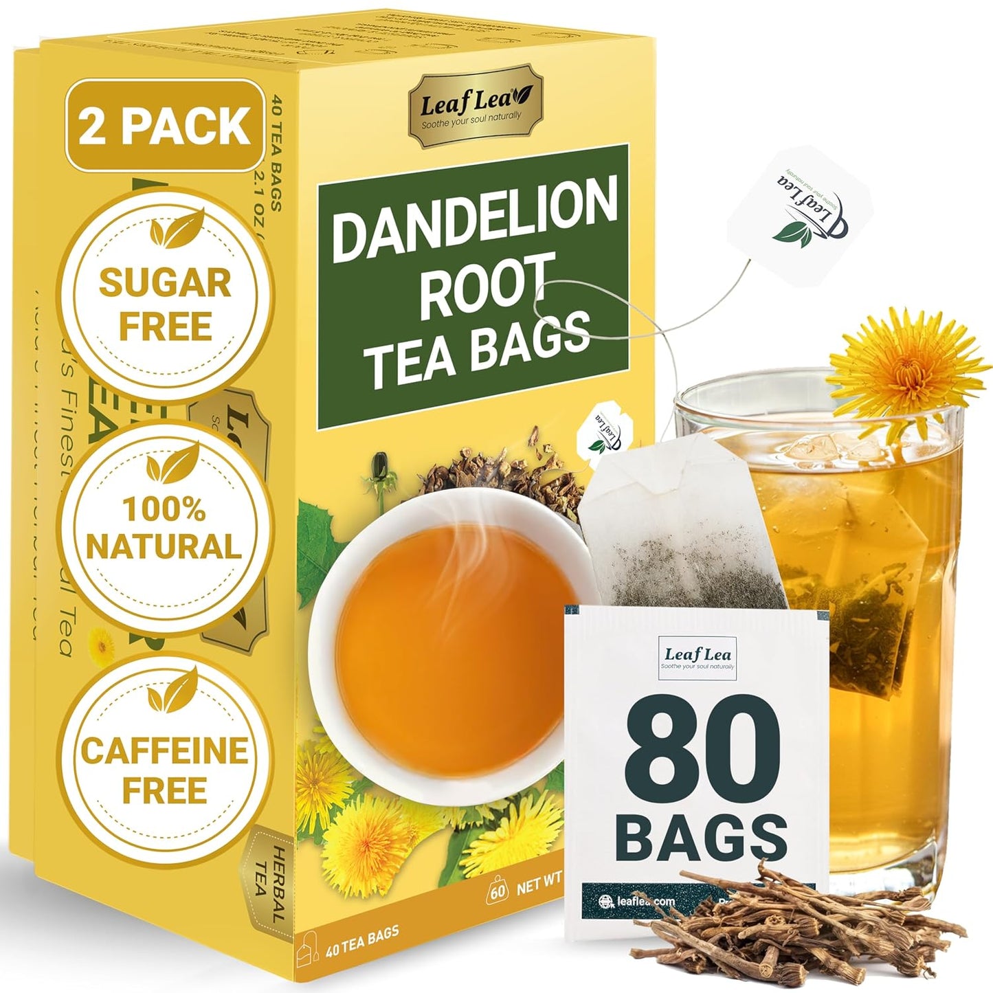 LeafLea 80 Dandelion Tea Bags, All Natural Dandelion Root Tea, Supports Digestion &amp; Immune Health, Caffeine-Free, Vegan, No Sugar, Individually Wrapped Tea Bags, 2 Pack