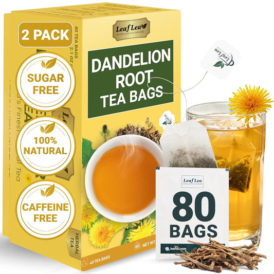 LeafLea 80 Dandelion Tea Bags, All Natural Dandelion Root Tea, Supports Digestion &amp; Immune Health, Caffeine-Free, Vegan, No Sugar, Individually Wrapped Tea Bags, 2 Pack