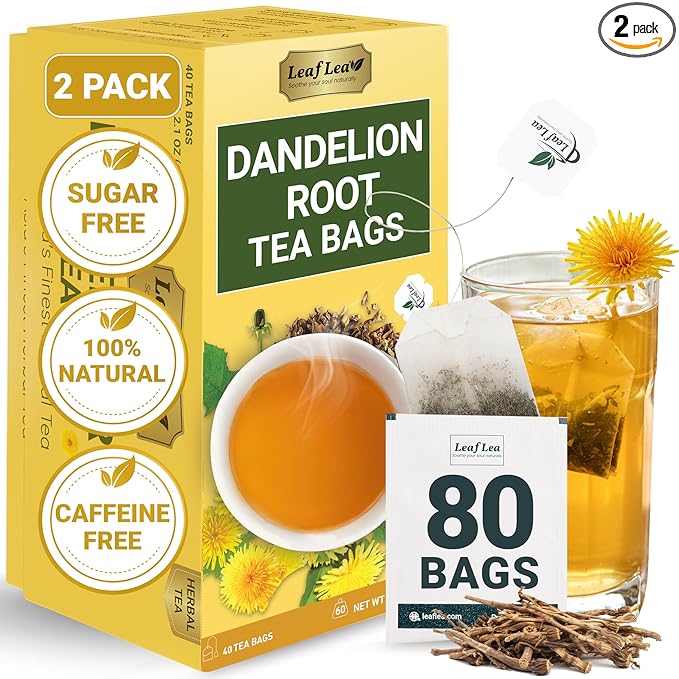LeafLea 80 Dandelion Tea Bags, All Natural and Pure Dandelion Root Tea, Supports Digestion & Immune Health, Individually Wrapped Tea Bags, Caffeine-Free, Vegan, No Sugar, Gluten-Free, Non-GMO, 2 Pack