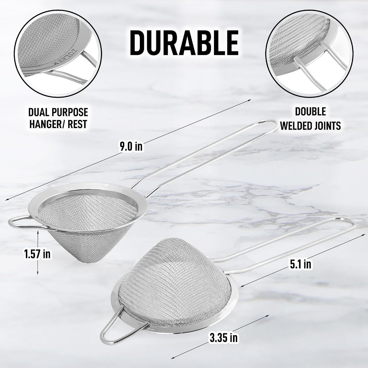 Zulay Kitchen 304 Stainless Steel Fine Mesh Strainer 3.35 in - Strainers Fine Mesh, Tea Strainers for Loose Tea - Perfect for Tea, Cocktails, Juicing, Drinks, Liquids, Matcha, Coffee &amp; More