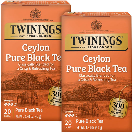 Twinings Ceylon Pure Black Tea - A Crisp, Refreshing, Formerly Orange Pekoe, Caffeinated Tea Bags, Individually Wrapped, 20 Count (Pack of 2)