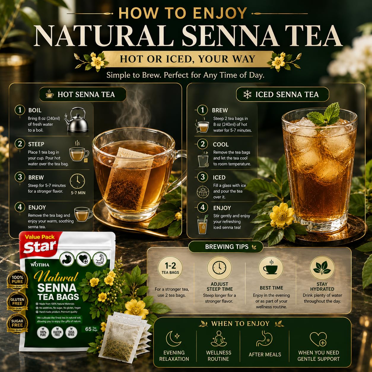 WOTIHA 65 Count Premium Smooth Move Tea Bags - 100% Natural Senna Leaf, Relieves Occasional Constipation, Supports Digestive Health, Caffeine-Free, Additive-Free, Sugar-Free, Vegan
