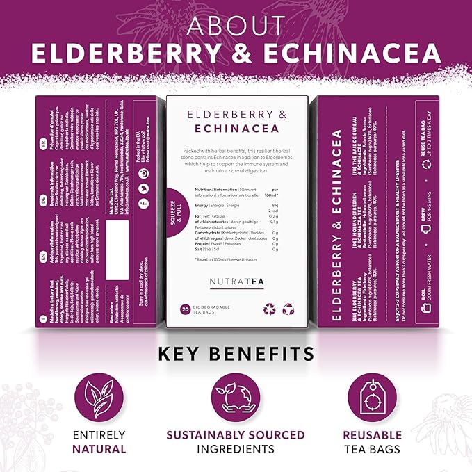 Nutra Tea - Elderberry & Echinacea Tea | Elderberry Tea - Immunity Teas | Immune Teabags - 20 Individually Wrapped Bags - Herbal Teas - (1 Pack)