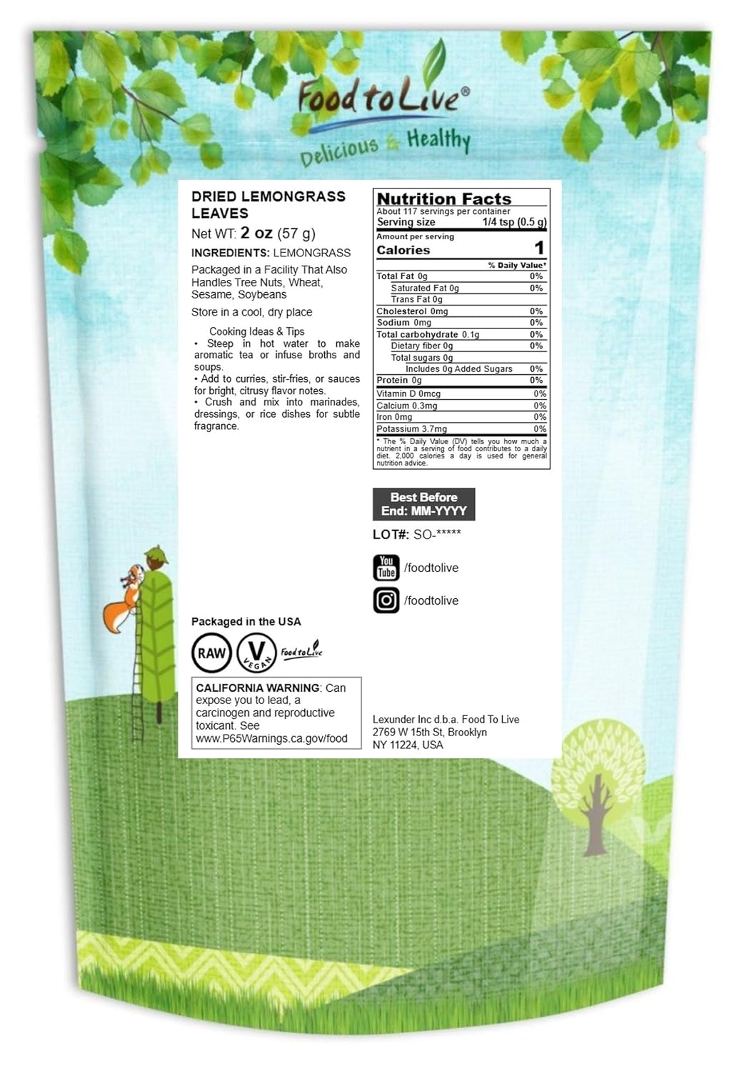 Food to Live Dried Lemongrass Leaves