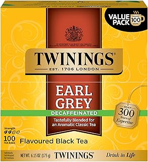 Twinings Decaffeinated Earl Grey Black Tea Individually Wrapped Bags, 100 Count (Pack of 1), Flavoured with Citrus and Bergamot, Enjoy Hot or Iced, 100 Teabags