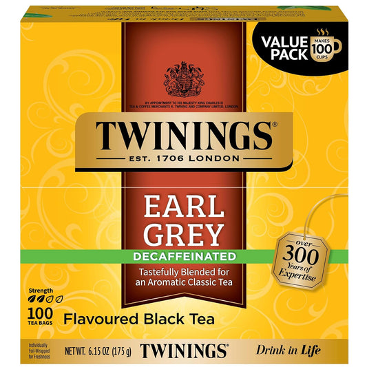 Twinings Decaffeinated Earl Grey Black Bergamot Tea Bags 100CT Box (1 Pack) | Black Tea, Light &amp; Citrusy, Without Caffeine, 100 Foil Lined Individually Wrapped Bags, Value Pack, Enjoy Hot or Iced