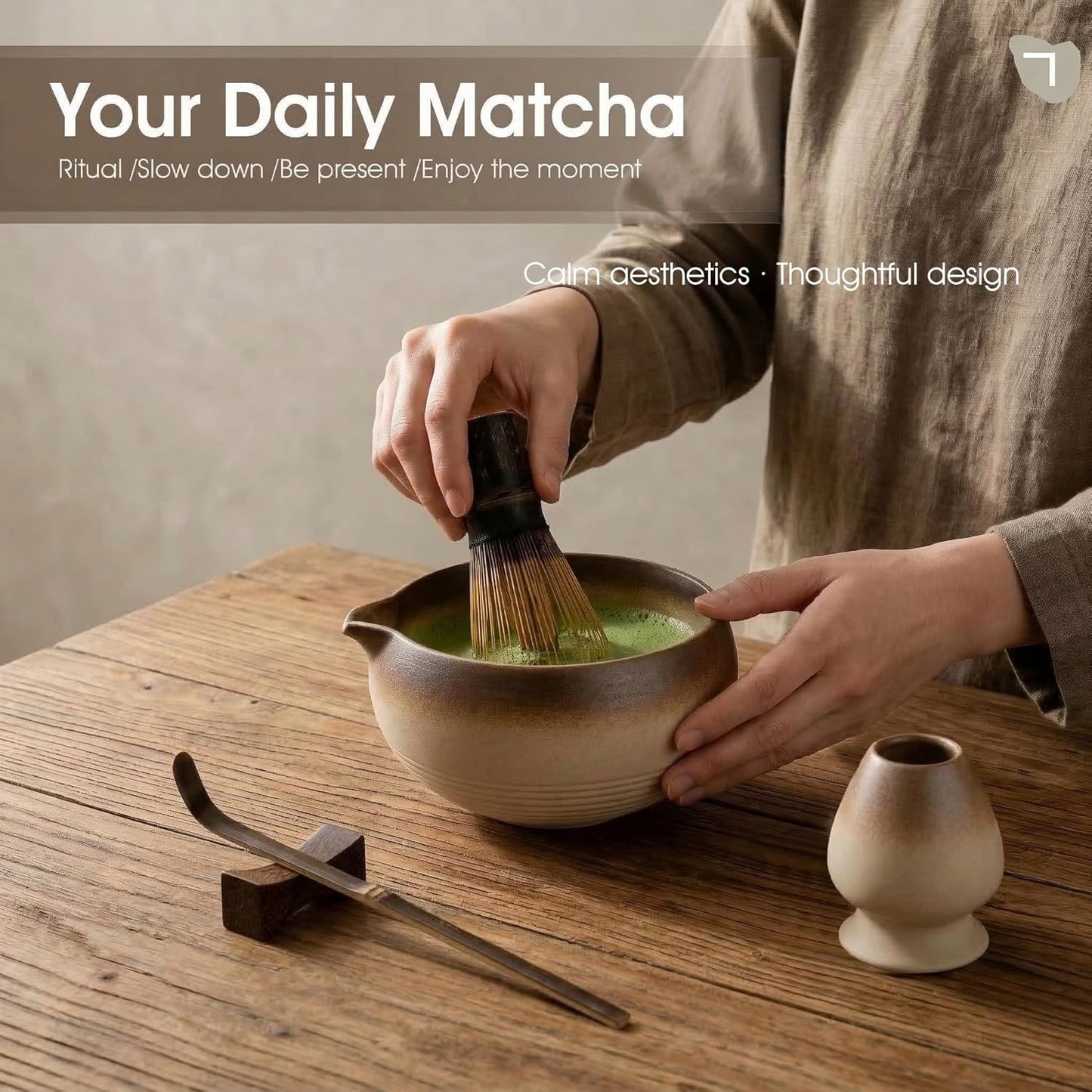 Matcha Set, 5-Piece Matcha Whisk Set with Bowl &amp; 100-Prong Whisk | Rustic Stoneware Texture, Natural Matte Finish, 100-Prong for Creamy Foam, Japanese Tea Ceremony, Gift for Matcha Lovers