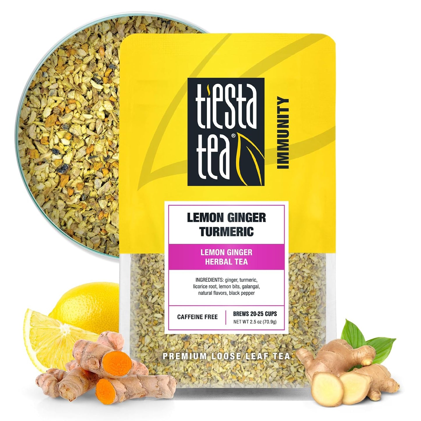 Tiesta Tea - Lemon Ginger Turmeric, Loose Leaf, Lemon Ginger Herbal Tea | Premium Blend, Non Caffeinated Herbal, Make Hot or Iced Brews Up to 25 Cups, 2.5 Ounce Resealable Pouch