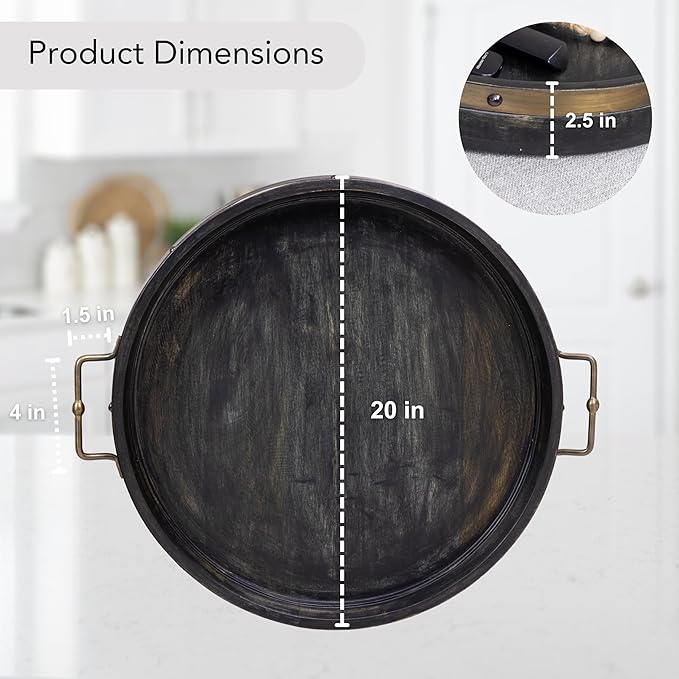 20” Large Round Ottoman Tray, Distressed Black Mango Wood, Rustic Farmhouse Style with Antique Brass Handles & Accent Strap, Large Coffee Table Tray for Tea, Breakfast in Bed, Living Room