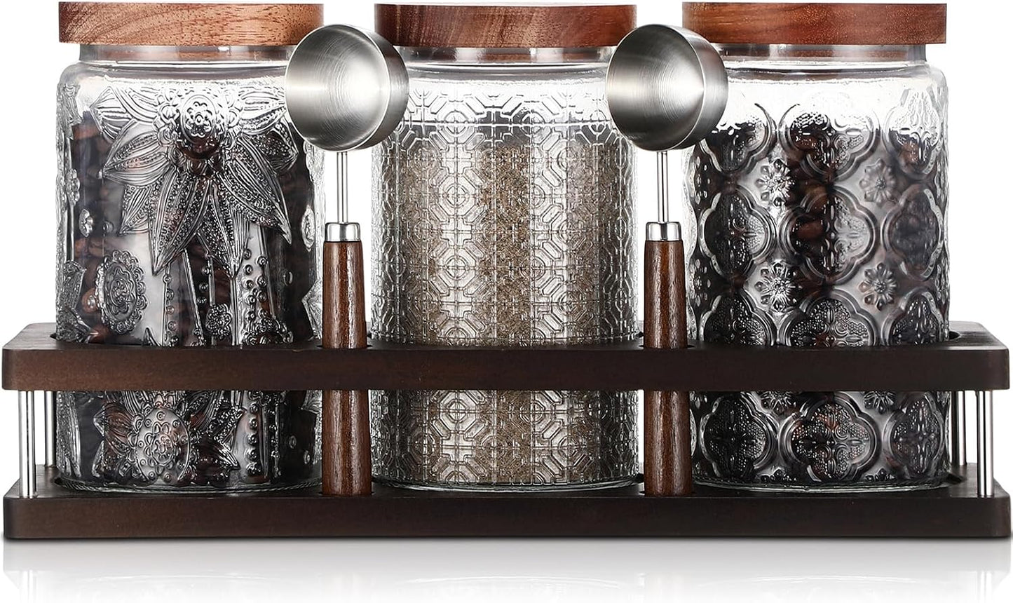 Suclain 3 Pcs Glass Coffee Bean Container 44 oz Airtight Coffee Canister with Shelf Measuring Spoon Kitchen Food Canister Jar for Sugar Candy(34 oz,Patterned Style,Wood, Glass, Stainless Steel)