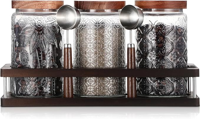 Suclain Glass Coffee Grounds Container with Shelf 3 x 34 oz Glass Coffee Bean Storage Canisters with Airtight Thread Lid and Measuring Spoon Food