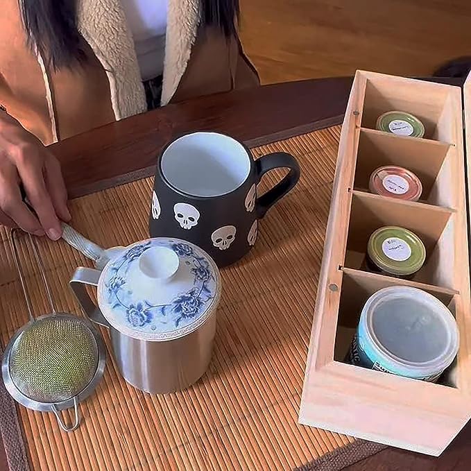 Bamboo Tea Organizer Box Chemical Free Eco-Friendly Big, Tall, Adjustable Cubbies Natural Wooden Storage Chest (4-Slot Across 14.3" x 4.4" x 4.2" with Tea Leaf design)