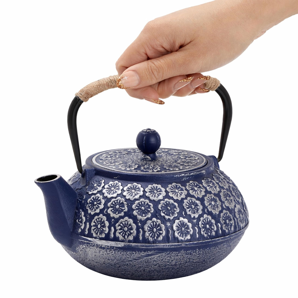 Juvale Japanese Cast Iron Teapot with Infuser & Stovetop Tea Kettle - 34 oz, Blue - Heat Retention, Removable Lid & Fold-Down