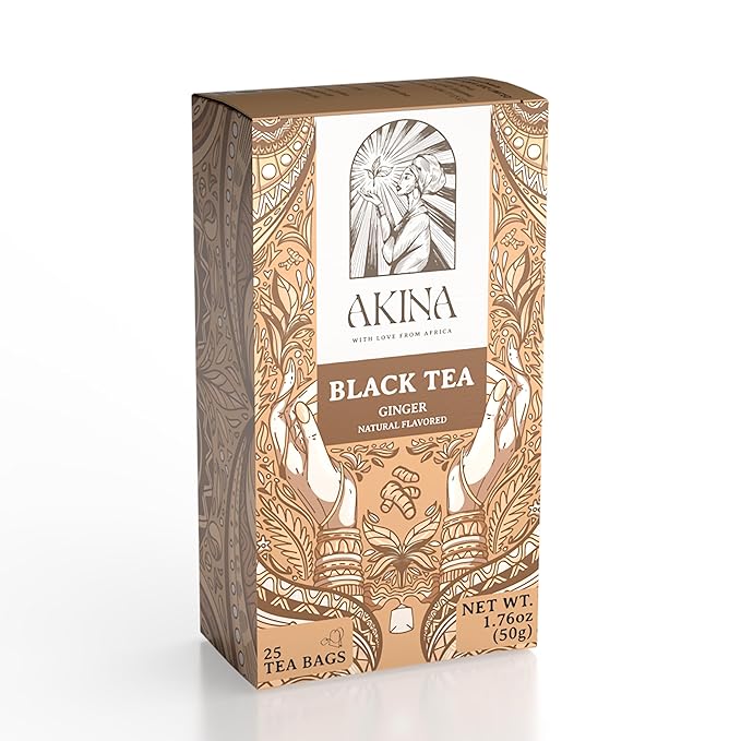 Akina Single-Origin Ginger Tea Bags | 100% Naturally Flavored Black Tea, Kenyan Origin, Gourmet, Hot Beverage (25 String & Tag Tea Bags, 50g)