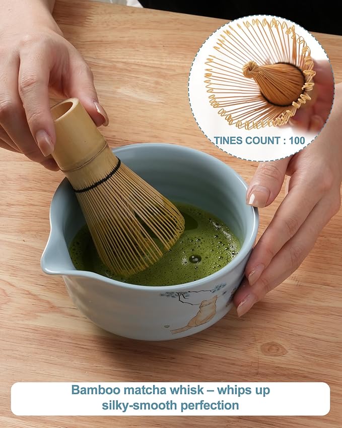 Matcha Whisk Set, Japanese Matcha Kit Set 7-Pcs with Matcha Bowl (Chawan), Matcha Whisk and Holder, Bamboo Scoop, Scoop Rest, Sifter and Tea Towel