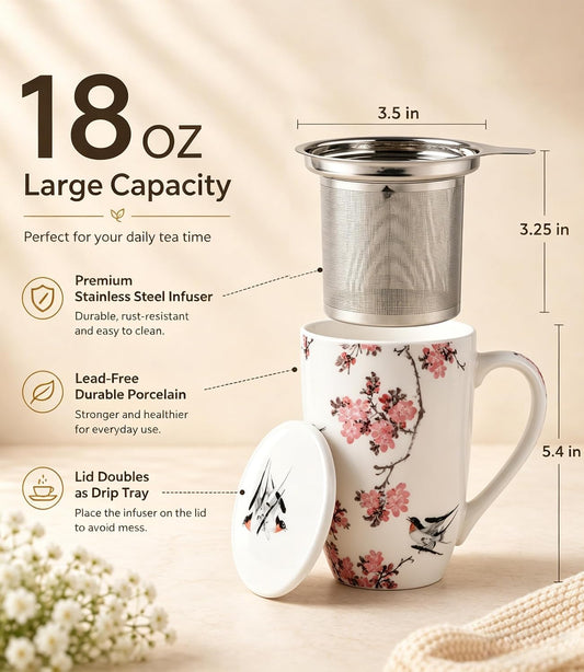 AmorArc Tea Cup With Infuser and Lid, 18oz Loose Leaf Tea Mug With Steeper