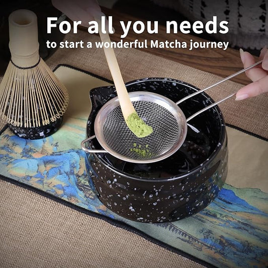 Japanese Matcha Whisk Set - 7-Piece Kit Bamboo Chasen, Ceramic Bowl with Spout, Stainless Steel Sifter & Holder Black