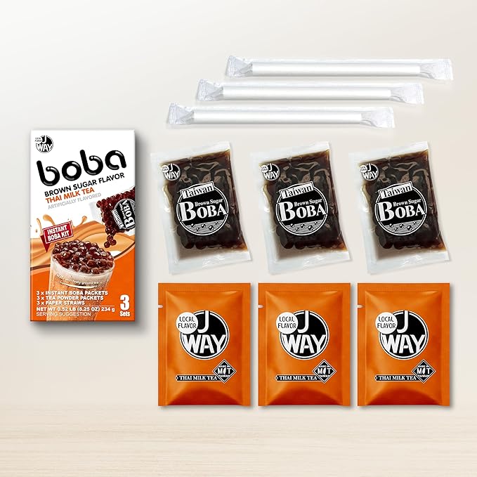 J WAY Instant Thai Milk Tea Kit with Authentic Brown Sugar Tapioca Boba, Ready in Under One Minute, Paper Straws Included - 3 Servings
