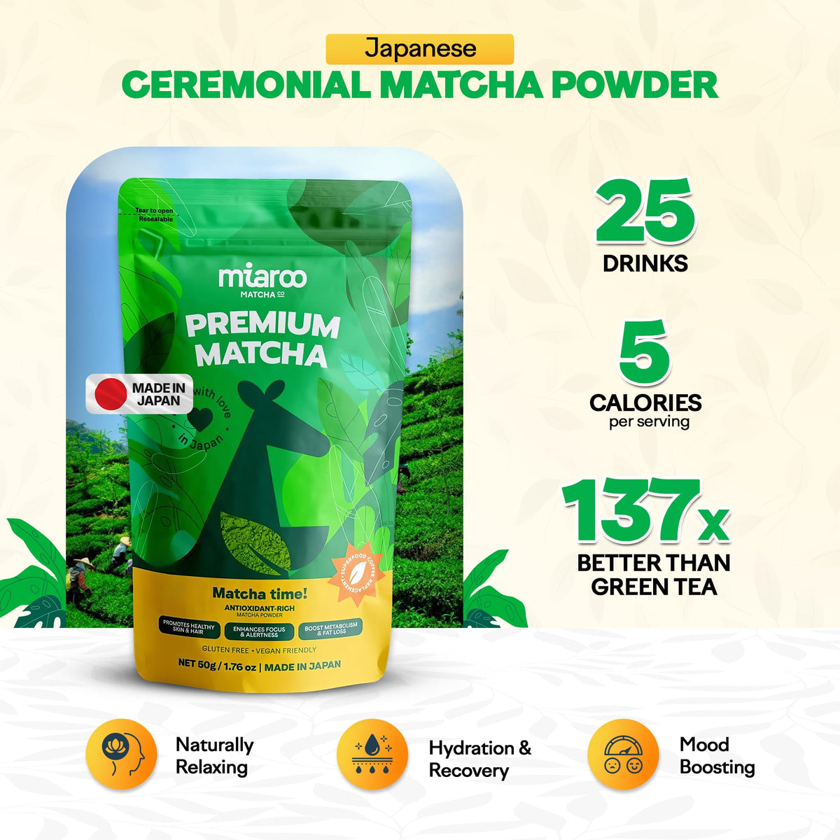 Miaroo Ceremonial Grade Matcha Powder, 50g/1.76oz | Authentic Japanese Green Tea Powder, Unsweetened, Smooth Umami Flavor