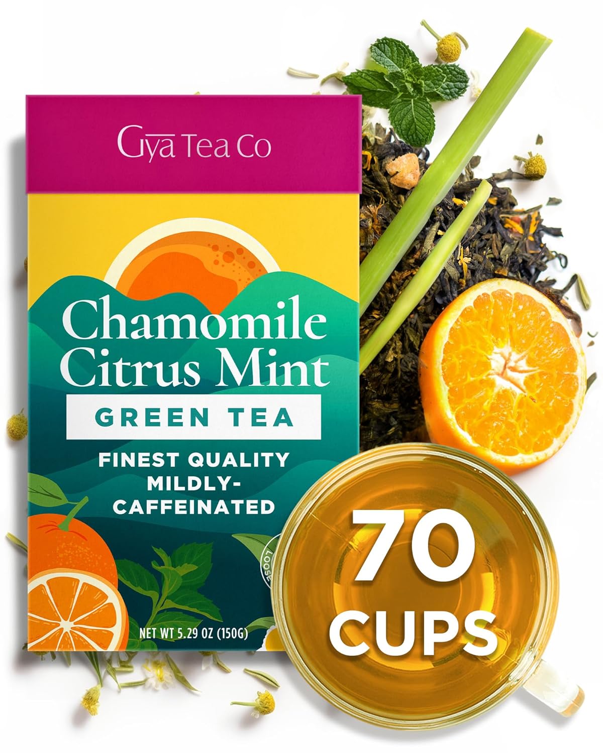 Gya Tea Co Chamomile Citrus Mint Loose Leaf Tea - 5.29 Oz 70 Cups - Rich in Peppermint, Lemongrass, Orange Peel for Rest & Throat Comfort - Refreshing, Delicious & Robust Flavor