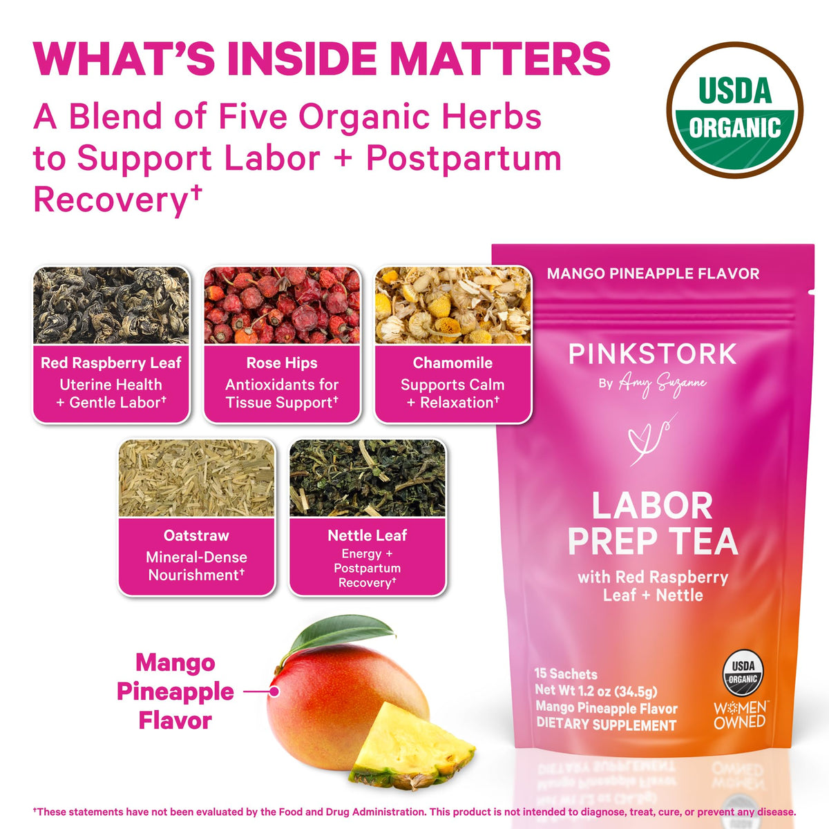 Pink Stork Organic Labor Prep Tea, Mango Pineapple, 30 Cups