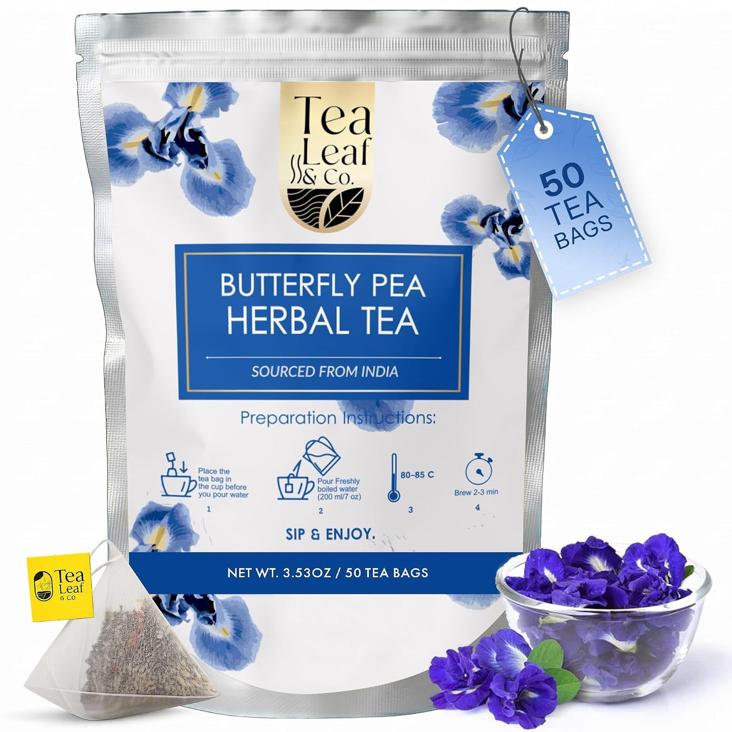 Tealeaf &amp; Co. Butterfly Pea Herbal Tea Bags Blended with Fresh Herbs - Herbal Tea with Butterfly Pea Flower - Contains Low Caffeine - Gluten Free - 50Teabags (3.52oz/100gm)
