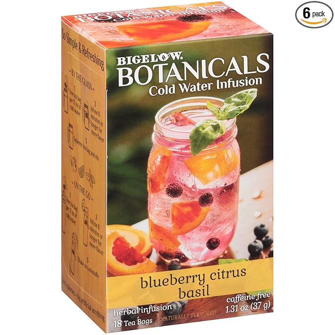 Bigelow Botanicals Cold Water Infusion Blueberry Citrus Basil Herbal Tea, Caffeine Free Tea with Blueberry Citrus Flavor, 18 Count Box (Pack of 6)
