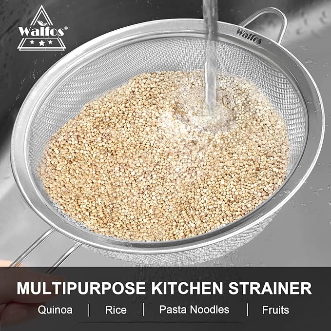 Walfos 6.95 Inch Fine Mesh Strainers, Premium Stainless Steel Colanders and Sifters, with Reinforced Frame and Sturdy Handle, Perfect for Sift