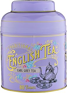 New English Teas VIntage Victorian Tea Caddy with 80 Earl Grey Teabags – Lilac – Forget Me Not Florals & Classic Tea Set Design