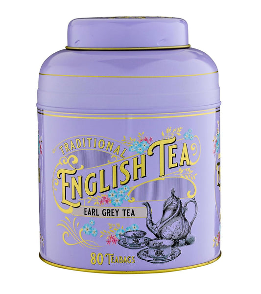 New English Teas VIntage Victorian Tea Caddy with 80 Earl Grey Teabags – Lilac – Forget Me Not Florals & Classic Tea Set Design