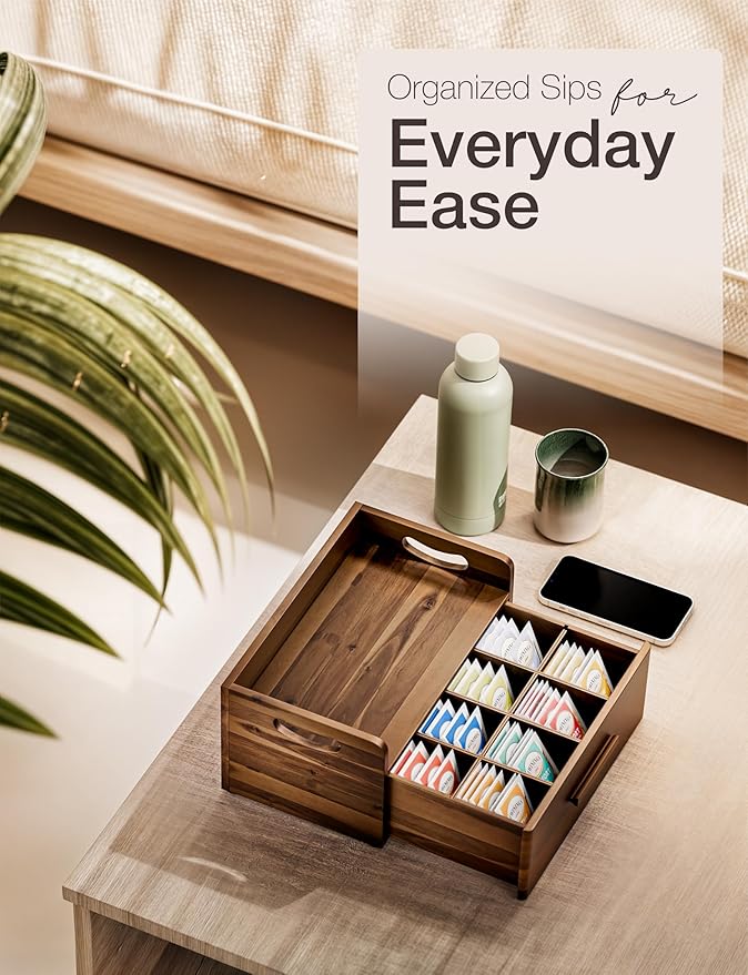 Tinamo Acacia Wooden Tea Box Organizer with Drawer – Tea Chest for Tea Bags Storage – Tea and Coffee Organizer - Wooden Tea Tray and Containers for Countertop Display (Walnut)