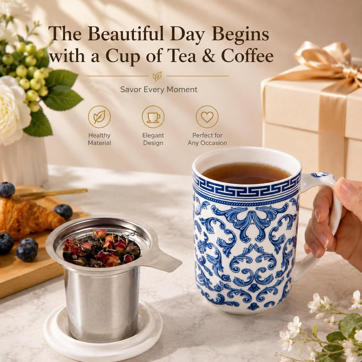 AmorArc Tea Cup With Infuser and Lid, 18oz Loose Leaf Tea Mug With Steeper