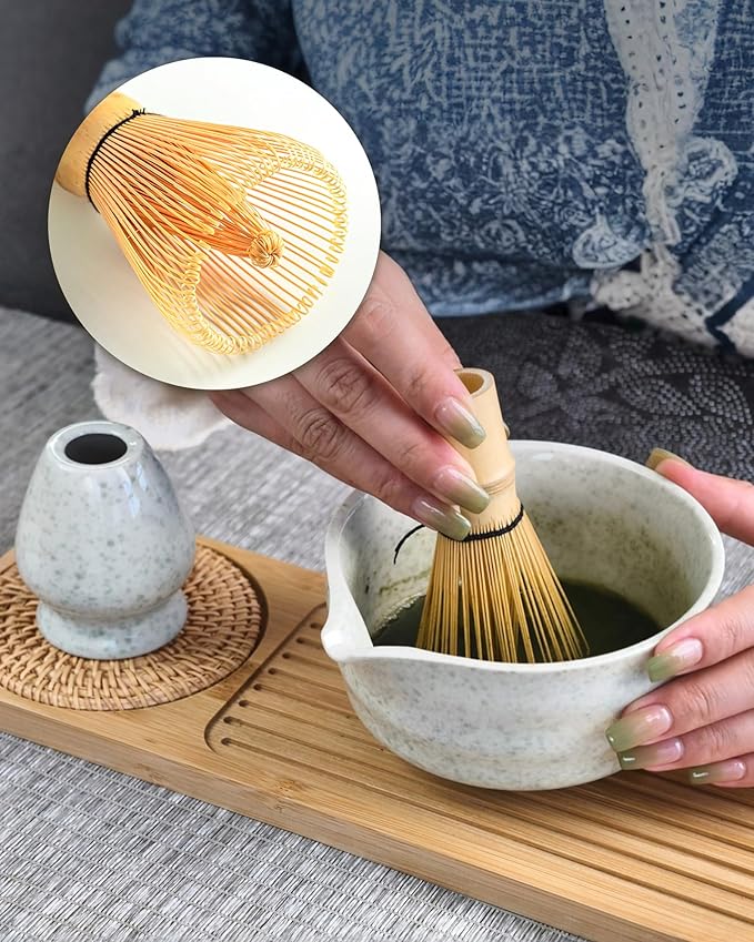 Matcha Whisk Set, 4 Piece Matcha Making Kit Includes Bamboo Whisk (Chasen), Spoon (Chashaku), Stainless Steel Sifter, Teaspoon