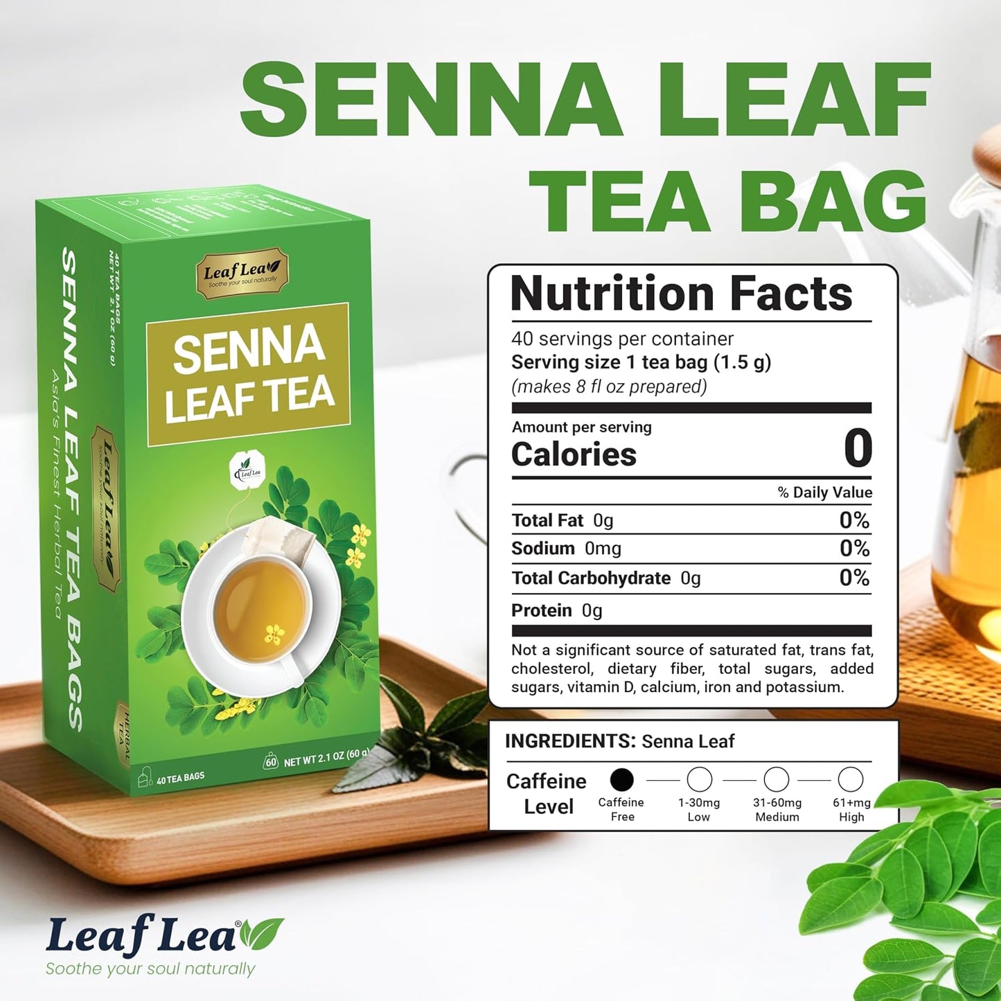 LeafLea Senna Tea Bags, Natural Laxative for Occasional Constipation, 80 Ct