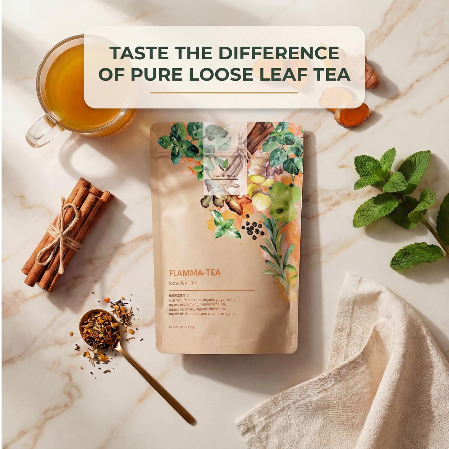 Gardenika Organic Flamma-tea Loose Leaf Tea | Premium Turmeric Ginger Blend with Cinnamon, Peppermint &amp; Black Pepper | 100% Natural, Caffeine Free Herbal Wellness Tea | 4oz (113g)